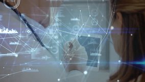 Doctor and patient exploring telemedicine data on tablet with floating charts and network nodes. Medical, technology, professional, analytics, healthcare, digital, consultation - Powered by Shutterstock - Get 15% off with code: PIKWIZARD15