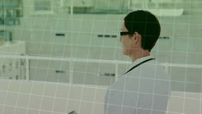 female doctor examining chest X-ray film in medical lab, showing grid overlay and rising red graph. Medical, diagnostics, healthcare, analysis, scientific, professional, technology - Powered by Shutterstock - Get 15% off with code: PIKWIZARD15