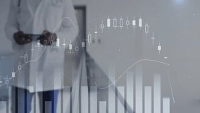 Senior male doctor wearing stethoscope holding smartphone while viewing animated charts in medtech. Medical, healthcare, technology, data, professional, modern, analytics - Powered by Shutterstock - Get 15% off with code: PIKWIZARD15