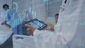 Doctor walking hospital corridor reviewing tablet, displaying floating medical charts and data. Healthcare, digital, professional, analytics, innovation, teamwork, technology - Powered by Shutterstock - Get 15% off with code: PIKWIZARD15