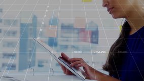 Business analyst tapping tablet, projecting financial charts and graphs across city skyline window. Technology, data, analytics, digital, professional, futuristic, corporate - Powered by Shutterstock - Get 15% off with code: PIKWIZARD15