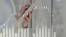 Businesswoman using tablet in office, with animated candlestick bars and line graphs flowing. Professional, technology, modern, data, analytics, corporate, financial - Powered by Shutterstock - Get 15% off with code: PIKWIZARD15
