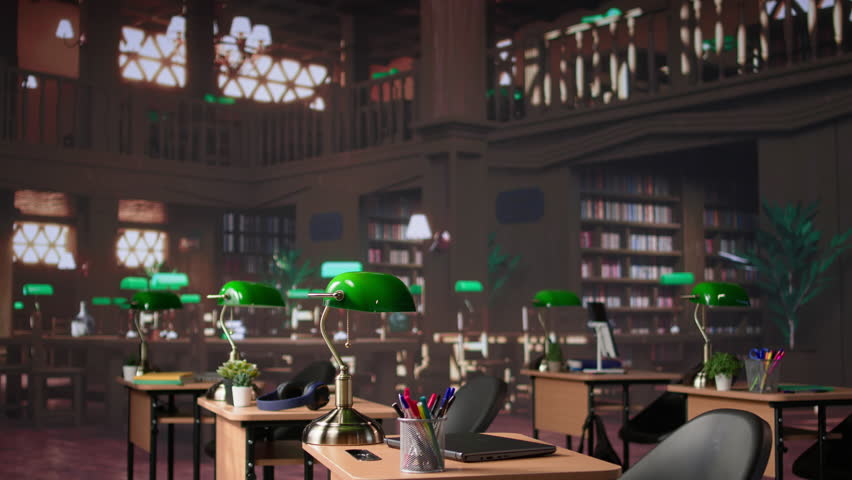 Empty campus library as a designated space for students to work on school assignments or make exam preparations, primary source materials. Academic collection of books. Camera B.