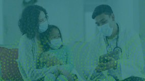 Mother and daughter consulting doctor in clinic, holding teddy bear and tablet under green code. Medical, healthcare, telemedicine, digital, pediatric, professional, caring - Powered by Shutterstock - Get 15% off with code: PIKWIZARD15