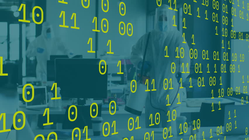 Two men in hazmat suits spraying office desks, with floating binary code signaling technology. Hazmat, disinfection, sanitation, safety, modern, professional, technological