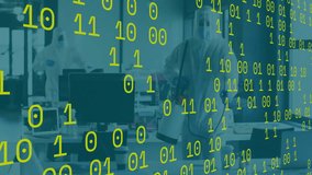 Two men in hazmat suits spraying office desks, with floating binary code signaling technology. Hazmat, disinfection, sanitation, safety, modern, professional, technological - Powered by Shutterstock - Get 15% off with code: PIKWIZARD15