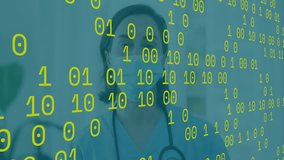Female medical professional adjusting surgical mask in clinic, with floating binary code overlay. Healthcare, physician, modern, technology, innovation, clinical, diagnostic - Powered by Shutterstock - Get 15% off with code: PIKWIZARD15