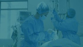 Lead surgeon and team performing operation in hospital operating room, showing floating binary code. Medical, healthcare, clinical, professional, sterile, collaboration, modern - Powered by Shutterstock - Get 15% off with code: PIKWIZARD15