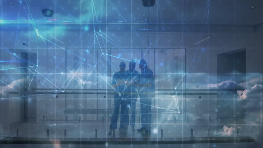 Tech team collaborating in modern office, interacting with holographic data nodes over smartphone. Futuristic, innovation, digital, collaboration, architecture, contemporary, connectivity - Powered by Shutterstock - Get 15% off with code: PIKWIZARD15