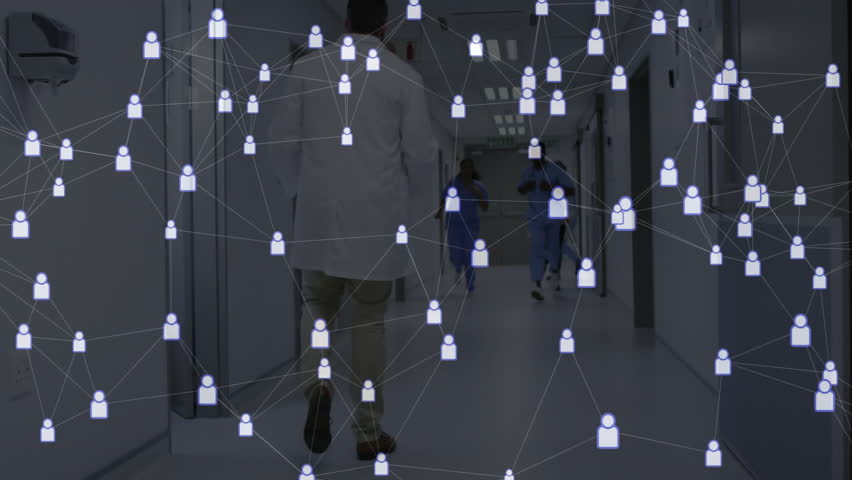 Medical team running and walking down shiny hospital corridor, showing user-icon network overlay. Healthcare, collaboration, connectivity, professionalism, technology, urgency, teamwork - Powered by Shutterstock - Get 15% off with code: PIKWIZARD15