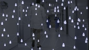 Medical team running and walking down shiny hospital corridor, showing user-icon network overlay. Healthcare, collaboration, connectivity, professionalism, technology, urgency, teamwork - Powered by Shutterstock - Get 15% off with code: PIKWIZARD15