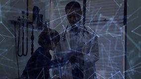 Doctor and child patient reviewing stethoscope and tablet in clinic, showing floating health icons. Healthcare, medicine, pediatric, diagnostics, professional, consultation, clinical - Powered by Shutterstock - Get 15% off with code: PIKWIZARD15