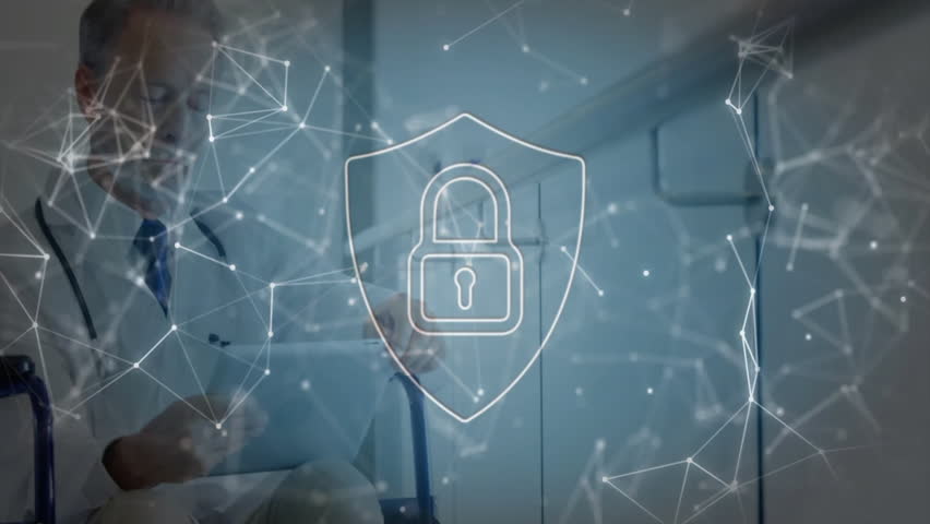 Senior male doctor tapping tablet, showing digital network with padlock overlay in healthcare. 医疗专业, 数字安全, 信息保护, 技术创新, 健康科技, 医院环境, 专业人士 - Powered by Shutterstock - Get 15% off with code: PIKWIZARD15