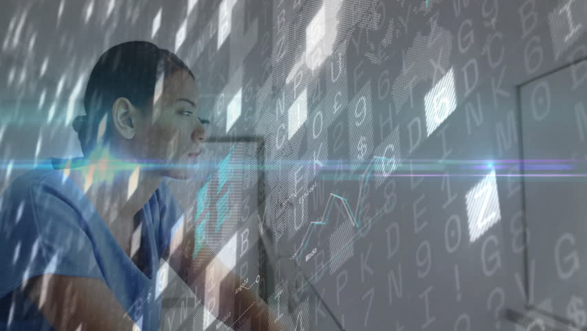 Female medical professional leaning over workstation viewing holographic graphs and world map data. Futuristic, technology, innovation, healthcare, analytics, data visualization, interior - Powered by Shutterstock - Get 15% off with code: PIKWIZARD15