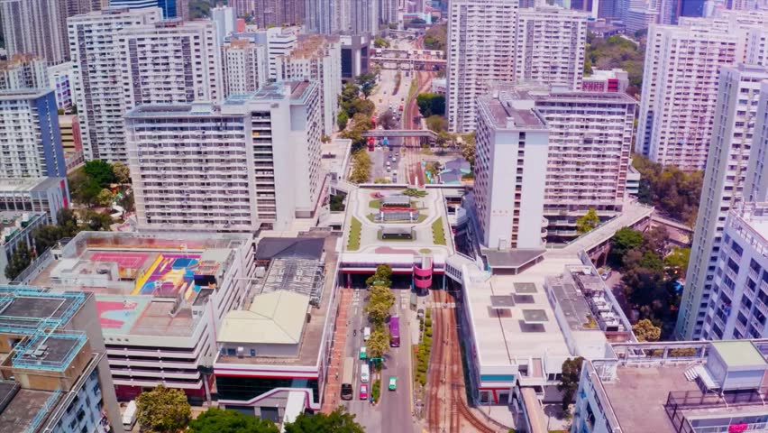 Aerial View of Hong Kong Cityscape, High-Rise Buildings and Urban Infrastructure