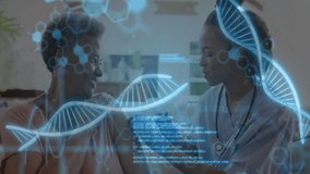 Nurse administering vaccine injection at home displaying holographic DNA helix and molecular data. Medical, healthcare, immunization, telemedicine, science, biotechnology, professionalism - Powered by Shutterstock - Get 15% off with code: PIKWIZARD15