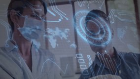 Female doctor and male technician examining AR medical display with map, data graphs, circuit HUD. Medical, technology, innovation, healthcare, visualization, analytics, scientific - Powered by Shutterstock - Get 15% off with code: PIKWIZARD15