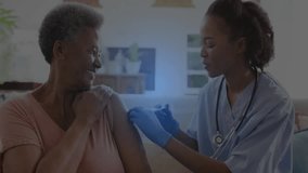 gloved nurse with stethoscope administering vaccine injection home, with digital DNA helix overlay. Healthcare, elderly, wellness, futuristic, homecare, medical, senior - Powered by Shutterstock - Get 15% off with code: PIKWIZARD15