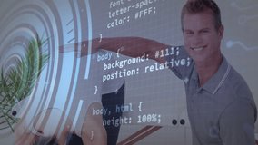 Physiotherapist guiding client through stretch in therapy room, showing digital grid targets. Rehabilitation, biomechanics, wellness, healthcare, anatomy, assistive, modern - Powered by Shutterstock - Get 15% off with code: PIKWIZARD15