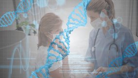 Nurse kneeling beside patient using tablet, showing DNA helix molecular graphics in medical scene. Healthcare, medical, genetics, research, clinical, diagnostics, patient care - Powered by Shutterstock - Get 15% off with code: PIKWIZARD15