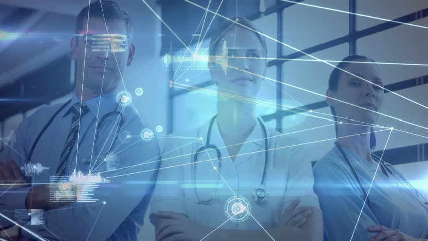 Medical team standing in clinic, showcasing stethoscopes with glowing network lines and data graphs. Healthcare, collaboration, innovation, technology, professionalism, diagnostics, teamwork - Powered by Shutterstock - Get 15% off with code: PIKWIZARD15