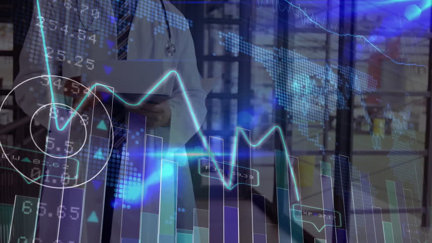 Professional holding tablet projecting financial charts and world map overlay in flat design office. Technology, data visualization, corporate, digital interface, business intelligence, modern - Powered by Shutterstock - Get 15% off with code: PIKWIZARD15