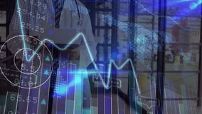 Professional holding tablet projecting financial charts and world map overlay in flat design office. Technology, data visualization, corporate, digital interface, business intelligence, modern - Powered by Shutterstock - Get 15% off with code: PIKWIZARD15