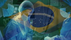 Medical team of women leaning over operating table, showing animated Brazil flag graphic overlay. Healthcare, teamwork, precision, modern, clinical, professional, innovation - Powered by Shutterstock - Get 15% off with code: PIKWIZARD15