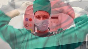 female surgeon adjusting surgical cap inside operating room, with animated monitor charts. Medical, healthcare, sterile, clinical, precision, professionalism, diagnostics - Powered by Shutterstock - Get 15% off with code: PIKWIZARD15