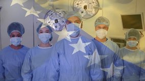 Five surgical team members standing in operating room, displaying animated heart icons and charts. Medical professionals, teamwork, clinical environment, healthcare, precision, collaboration, sterile - Powered by Shutterstock - Get 15% off with code: PIKWIZARD15