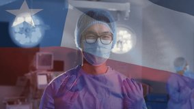 male surgeon working in operating room, showing animated vital signs graphs over Chilean flag. Medical, healthcare, professionalism, sterile, clinical, teamwork, diagnosis - Powered by Shutterstock - Get 15% off with code: PIKWIZARD15