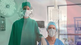 Mature female surgeon guiding senior patient in OR featuring French flag overlay with monitor icons. Medical, healthcare, surgery, clinical, hospital, professionalism, sterile - Powered by Shutterstock - Get 15% off with code: PIKWIZARD15