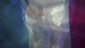 Male surgeon using forceps in operating room, with animated light beams and data overlays. Medical, healthcare, professionalism, clinical, precision, hospital, team - Powered by Shutterstock - Get 15% off with code: PIKWIZARD15