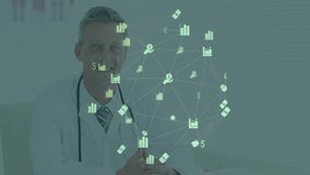 Senior doctor presenting health finance, showing floating bar charts, line graphs, dollar symbols. Professional, analyst, futuristic, data visualization, healthcare, technology, finance - Powered by Shutterstock - Get 15% off with code: PIKWIZARD15