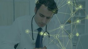 male doctor writing on clipboard at glass-top desk, showing animated health data graphics. Professional, analytics, modern, healthcare, consultation, digital, business - Powered by Shutterstock - Get 15% off with code: PIKWIZARD15