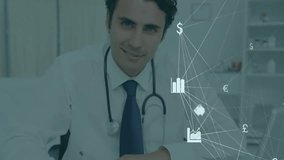 male doctor writing notes at desk, displaying animated currency symbols bar charts and line graphs. Professional, healthcare, technology, innovation, analytics, data, modern - Powered by Shutterstock - Get 15% off with code: PIKWIZARD15
