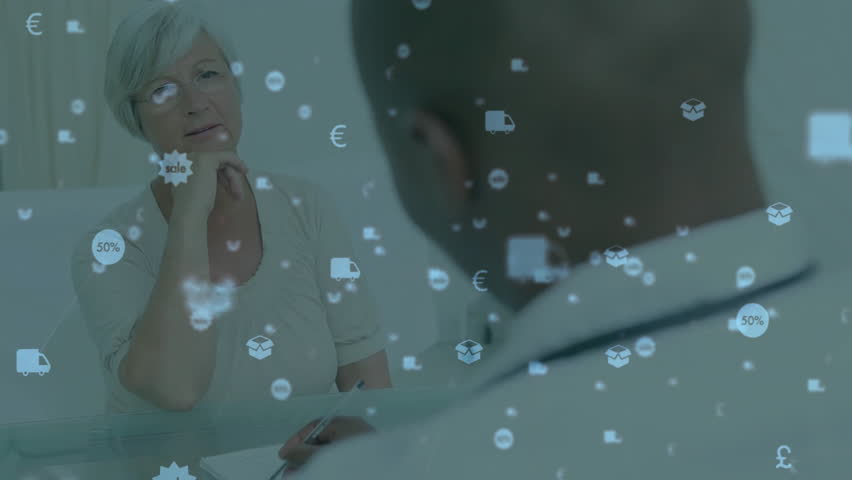 Consultant and client holding business talk at table, showing sale, delivery, package, pound icons. Professional, consulting, office, digital, technology, collaboration, finance