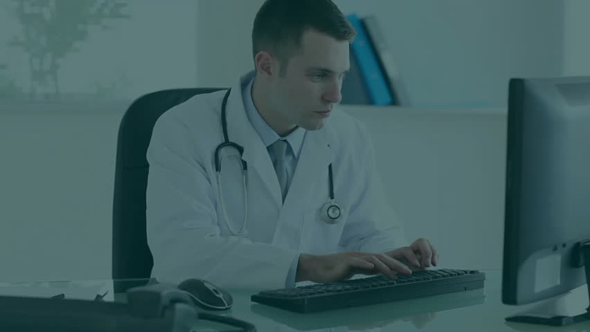 male doctor typing at desk in medical office, overlaying floating sale badges and delivery icons. Healthcare, technology, professionalism, digital, innovation, management, business - Powered by Shutterstock - Get 15% off with code: PIKWIZARD15