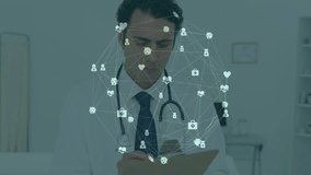 Doctor writing on clipboard in medical office, displaying animated medical data network overlay. Healthcare, professionalism, digital, analysis, treatment, innovation, technology - Powered by Shutterstock - Get 15% off with code: PIKWIZARD15
