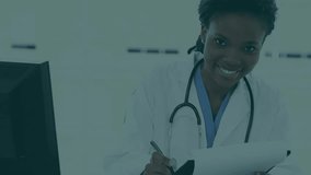 Female doctor writing notes at clinical desk while digital icons floating showing finance data. Medical, professional, modern, technology, healthcare, analytics, innovation - Powered by Shutterstock - Get 15% off with code: PIKWIZARD15
