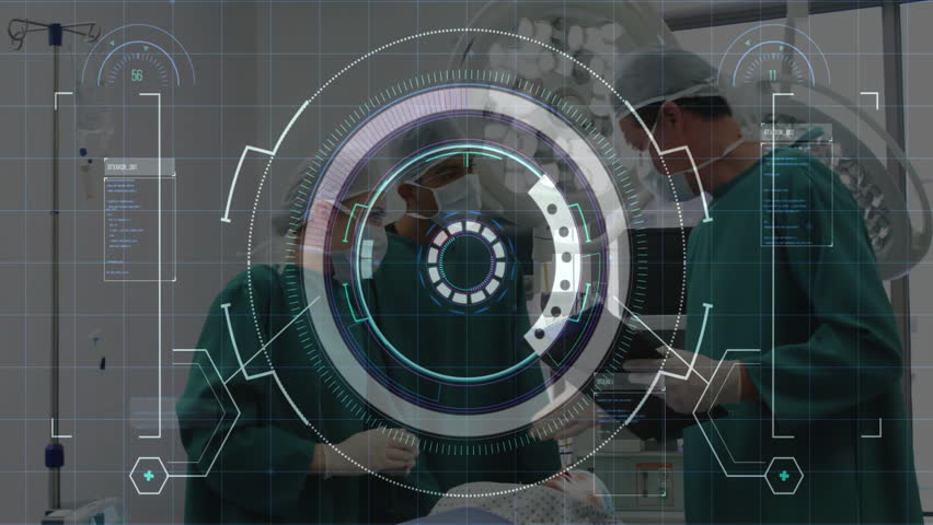 Surgical team adjusting IV drip and reviewing tablet in OR, showing floating AR data. Operating room, medical professionals, augmented reality, healthcare, teamwork, clinical environment, futuristic - Powered by Shutterstock - Get 15% off with code: PIKWIZARD15
