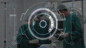 Surgical team adjusting IV drip and reviewing tablet in OR, showing floating AR data. Operating room, medical professionals, augmented reality, healthcare, teamwork, clinical environment, futuristic - Powered by Shutterstock - Get 15% off with code: PIKWIZARD15