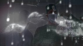 surgical team collaborating in medical operating room, with floating binary digits and grid data. Futuristic, technology, healthcare, innovation, precision, teamwork, digital - Powered by Shutterstock - Get 15% off with code: PIKWIZARD15
