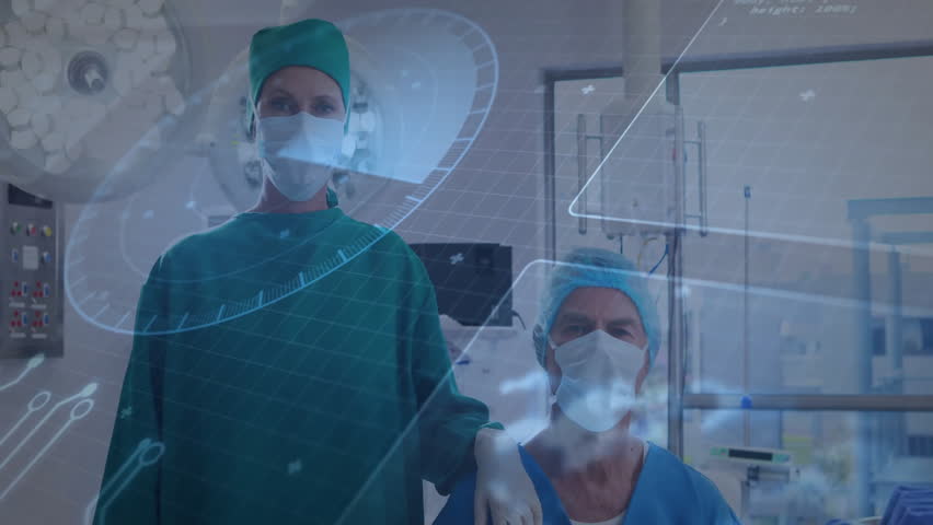 Healthcare worker placing hand on patient shoulder in OR, showing holographic data overlay. Clinical, professionalism, futuristic, diagnostics, innovation, teamwork, sterile - Powered by Shutterstock - Get 15% off with code: PIKWIZARD15