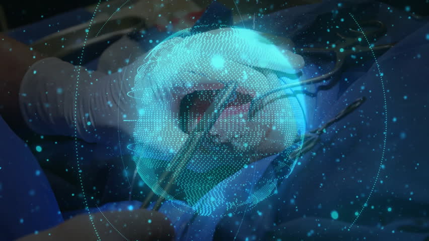 surgeon using forceps and drill in medical operating room, showing holographic globe with particles. Medical, healthcare, innovation, augmented reality, futuristic, precision, technology - Powered by Shutterstock - Get 15% off with code: PIKWIZARD15