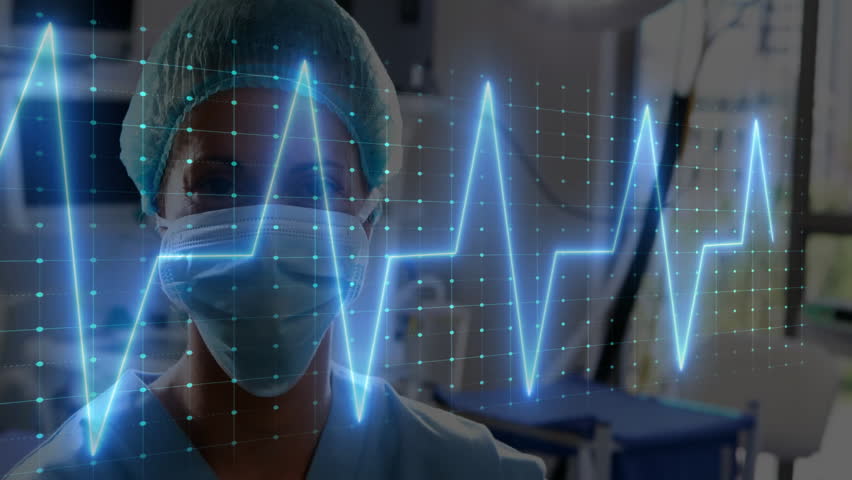 Nurse wearing scrubs and mask monitoring patient data in hospital, with neon-blue ECG overlay. Medical, healthcare, clinical, diagnostic, technology, professional, hospital
