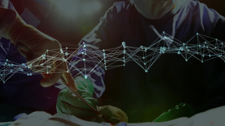 Surgical team using instruments on patient in operating room, displaying digital network overlay. Medical, teamwork, modern, healthcare, precision, clinical, innovation - Powered by Shutterstock - Get 15% off with code: PIKWIZARD15