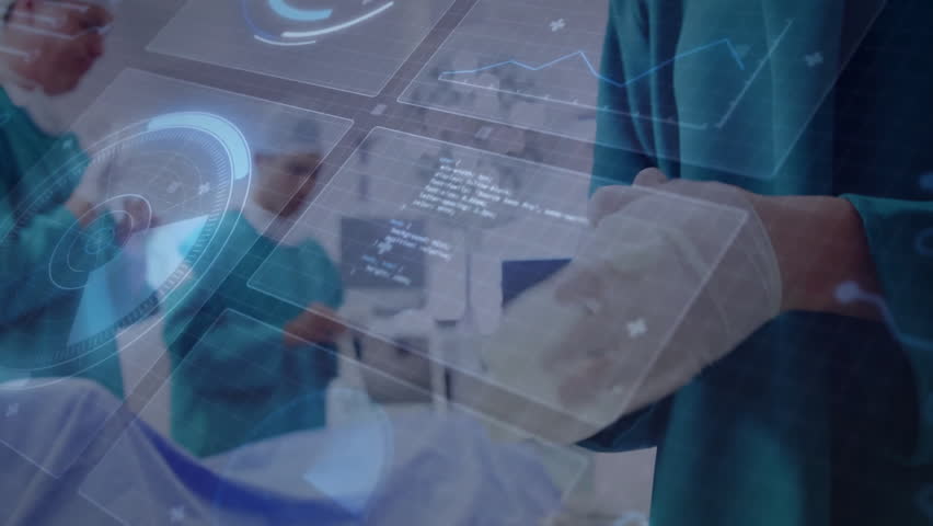 Surgeon holding handheld device displaying 3D charts, colleagues monitoring data in operating room. Medical, technology, innovation, healthcare, futurism, professionalism, data - Powered by Shutterstock - Get 15% off with code: PIKWIZARD15