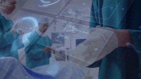 Surgeon holding handheld device displaying 3D charts, colleagues monitoring data in operating room. Medical, technology, innovation, healthcare, futurism, professionalism, data - Powered by Shutterstock - Get 15% off with code: PIKWIZARD15