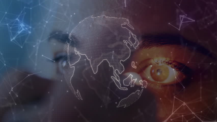 man gazing through right eye at rotating holographic globe with network nodes for technology. Futuristic, innovation, connectivity, digital, technology, abstract, cyber - Powered by Shutterstock - Get 15% off with code: PIKWIZARD15